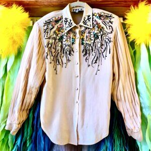 EREZ Vintage 80’s SILK + SNAKESKIN LEATHER Blouse Pleats Beaded BLING